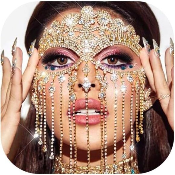 Women's Rhinestone Tassel Veil Masks Forehead Chain Rave Crystal Chains Mask - Picture 1 of 6